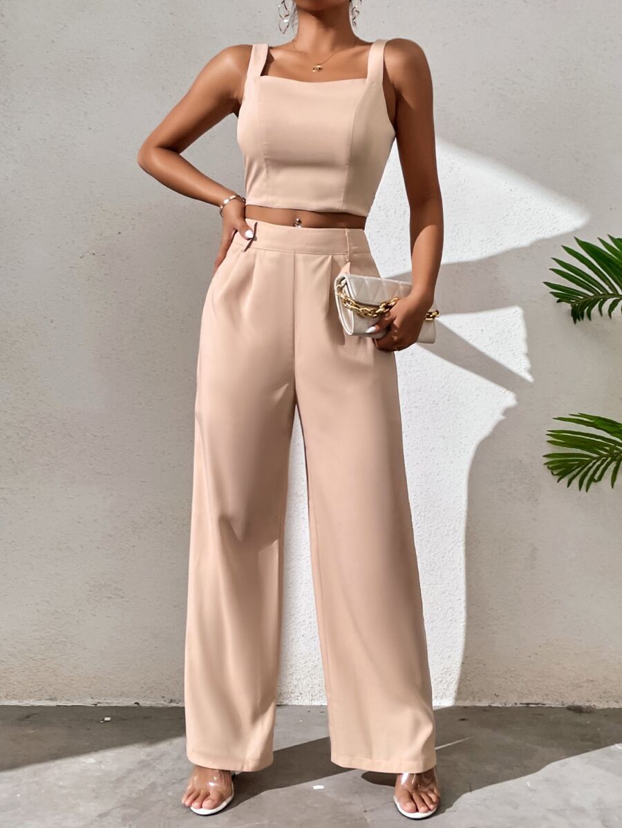 Chiquease 打攬吊帶上衣和闊腿褲套裝 - 杏色 - 查看 1