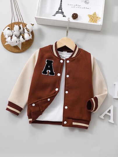 SHEIN Young Boy's Color Block Fleece Button Jacket With Letter Design