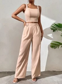 Chiquease 打攬吊帶上衣和闊腿褲套裝 - 杏色 - 查看 3