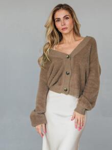 1pc Single Breasted Drop Shoulder Fluffy Knit Cardigan - Mocha Brown - View 1