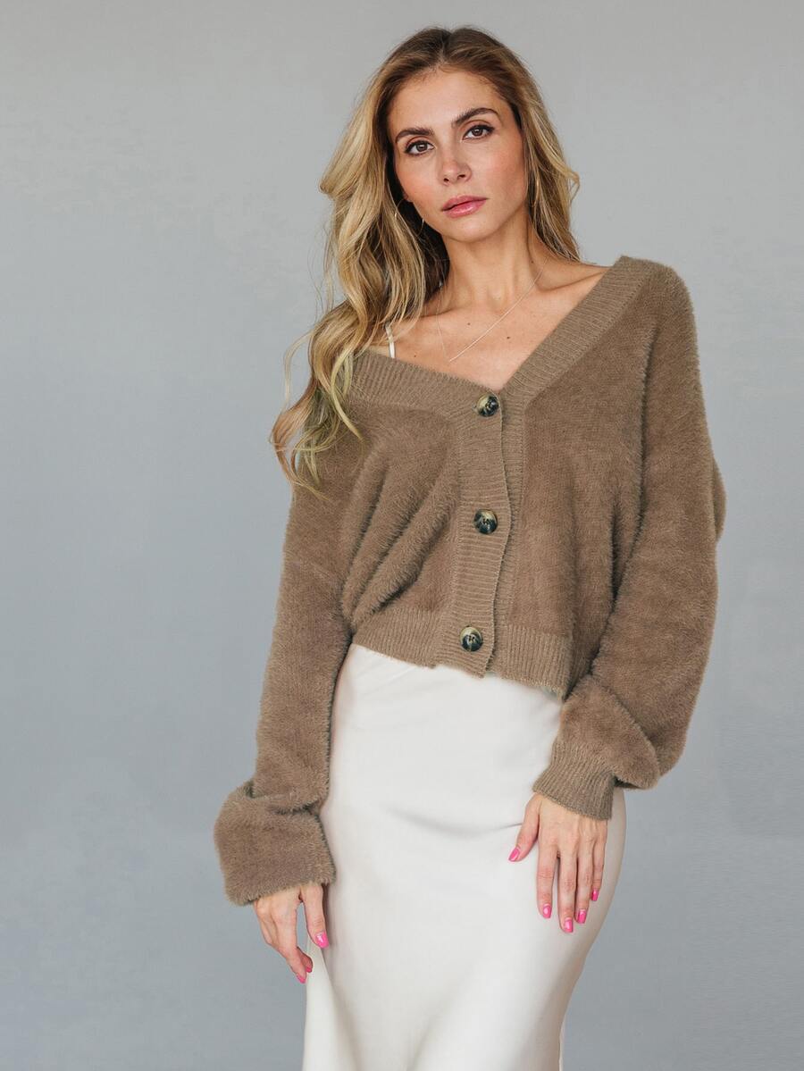 1pc Single Breasted Drop Shoulder Fluffy Knit Cardigan - Mocha Brown - View 1