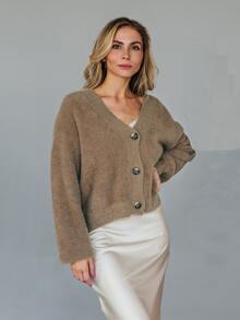 1pc Single Breasted Drop Shoulder Fluffy Knit Cardigan - Mocha Brown - View 2