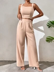 Chiquease 打攬吊帶上衣和闊腿褲套裝 - 杏色 - 查看 4