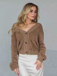 1pc Single Breasted Drop Shoulder Fluffy Knit Cardigan - Mocha Brown - View 5