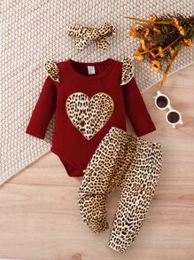 Baby Leopard Print Ruffle Trim Bodysuit & Joggers & Headband - Multicolor - View 1