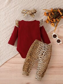 Baby Leopard Print Ruffle Trim Bodysuit & Joggers & Headband - Multicolor - View 2