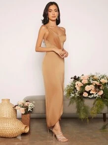 SHEIN Belle Asymmetrical Neck Wrap Satin Bridesmaid Dress - Camel - View 6