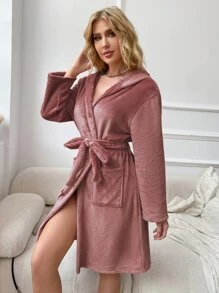 Eyelash Embroidery 3D Ears Design Hooded Belted Flannel Robe Holiday Season - Dusty Pink - View 3