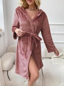 Eyelash Embroidery 3D Ears Design Hooded Belted Flannel Robe Holiday Season - Dusty Pink - View 4