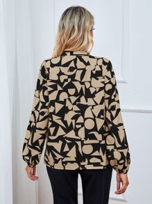 SHEIN Essnce Geo Print Notched Neck Bishop Sleeve Blouse - Multicolor - View 2