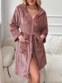 Eyelash Embroidery 3D Ears Design Hooded Belted Flannel Robe Holiday Season - Dusty Pink - View 5