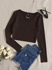 Muchica 素色V領短款T恤 - 巧克力棕 - 查看 1
