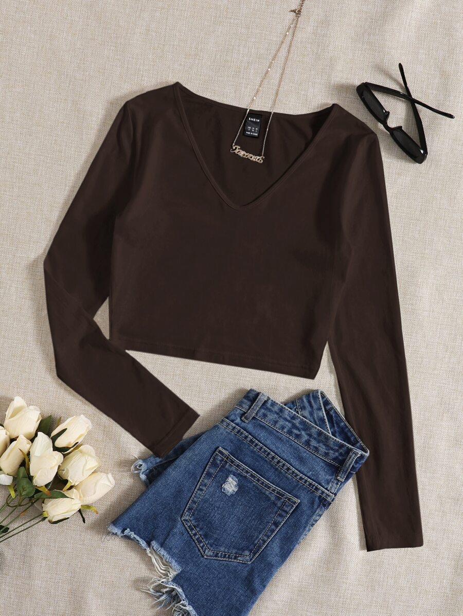 Muchica 素色V領短款T恤 - 巧克力棕 - 查看 1