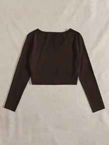 Muchica 素色V領短款T恤 - 巧克力棕 - 查看 2