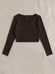 Muchica 素色V領短款T恤 - 巧克力棕 - 查看 3