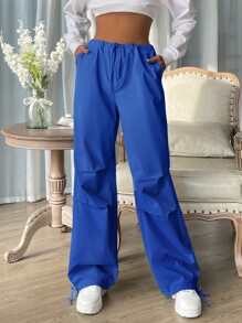 Muchica Women's Drawstring Waist Solid Color Pleated Loose Casual Pants - Blue - View 1
