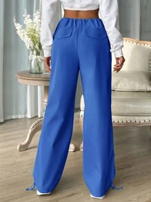 Muchica Women's Drawstring Waist Solid Color Pleated Loose Casual Pants - Blue - View 2