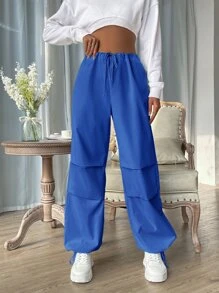 Muchica Women's Drawstring Waist Solid Color Pleated Loose Casual Pants - Blue - View 3