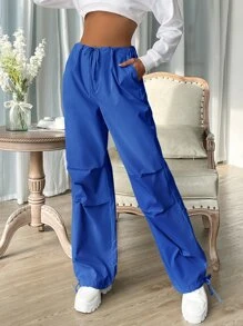 Muchica Women's Drawstring Waist Solid Color Pleated Loose Casual Pants - Blue - View 4