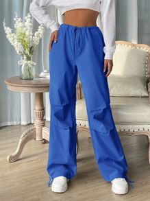 Muchica Women's Drawstring Waist Solid Color Pleated Loose Casual Pants - Blue - View 5