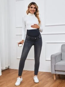 SHEIN Maternity Wideband Waist Bleach Wash Skinny Jeans - Black - View 1