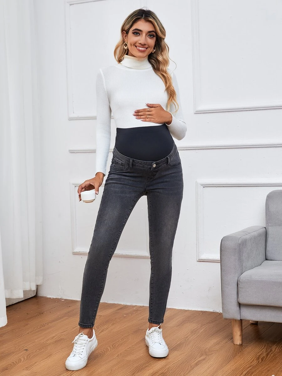SHEIN Maternity Wideband Waist Bleach Wash Skinny Jeans - Black - View 1