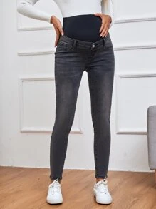 SHEIN Maternity Wideband Waist Bleach Wash Skinny Jeans - Black - View 3