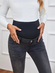 SHEIN Maternity Wideband Waist Bleach Wash Skinny Jeans - Black - View 4
