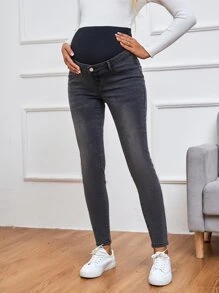SHEIN Maternity Wideband Waist Bleach Wash Skinny Jeans - Black - View 6
