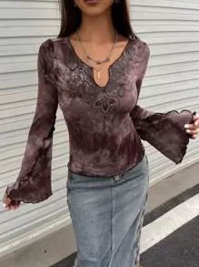 SHEIN ICON 紮染缺口領木耳邊荷葉袖T恤 - 紫色 - 查看 1