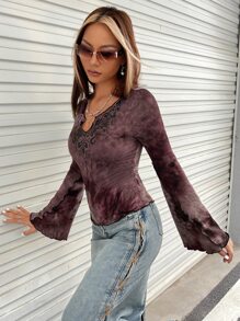 SHEIN ICON 紮染缺口領木耳邊荷葉袖T恤 - 紫色 - 查看 3