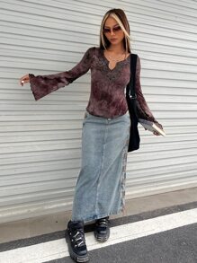 SHEIN ICON 紮染缺口領木耳邊荷葉袖T恤 - 紫色 - 查看 5