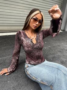 SHEIN ICON 紮染缺口領木耳邊荷葉袖T恤 - 紫色 - 查看 6