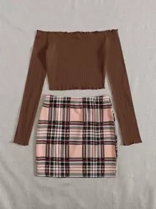 SHEIN Essnce 一字肩木耳滾邊T恤和蘇格蘭格紋裙子套裝 - 咖啡棕 - 查看 2
