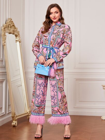 Modelyn Paisley Print & Floral Print Belted Shirt & Fuzzy Trim Wide Leg Trousers