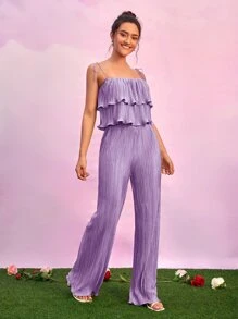 SHEIN BAE 荷葉邊吊帶上衣和喇叭褲套裝 - 紫丁香色 - 查看 1