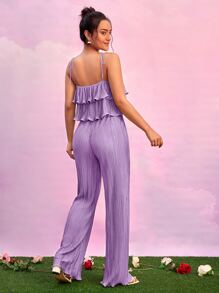 SHEIN BAE 荷葉邊吊帶上衣和喇叭褲套裝 - 紫丁香色 - 查看 2