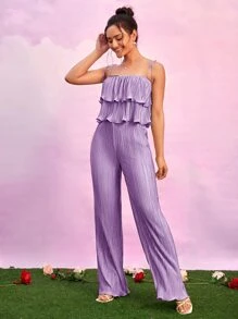 SHEIN BAE 荷葉邊吊帶上衣和喇叭褲套裝 - 紫丁香色 - 查看 3