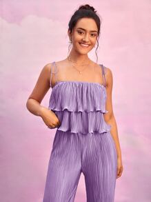 SHEIN BAE 荷葉邊吊帶上衣和喇叭褲套裝 - 紫丁香色 - 查看 4