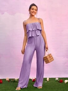 SHEIN BAE 荷葉邊吊帶上衣和喇叭褲套裝 - 紫丁香色 - 查看 5