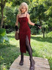 SHEIN ICON 滿版印花高衩吊帶連衣裙