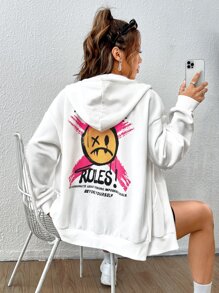 SHEIN EZwear 卡通和標語圖案拉鏈開襟落肩袖連帽衫 - 白色 - 查看 6