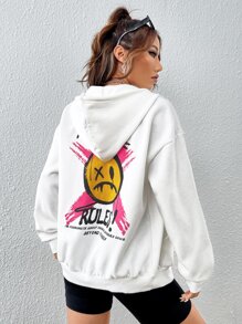 SHEIN EZwear 卡通和標語圖案拉鏈開襟落肩袖連帽衫 - 白色 - 查看 2