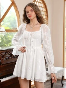 SHEIN MOD Jacquard Tie Front Flounce Sleeve Dress - White - View 2