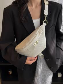 Zip Front Corduroy Waist Bag - Beige - View 2