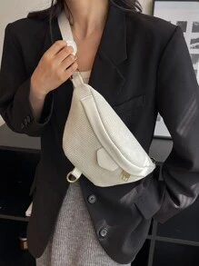 Zip Front Corduroy Waist Bag - Beige - View 3