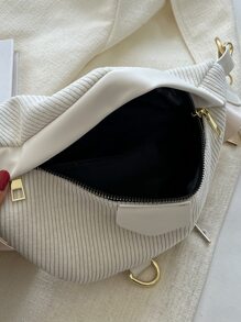 Zip Front Corduroy Waist Bag - Beige - View 5