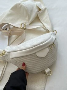 Zip Front Corduroy Waist Bag - Beige - View 7