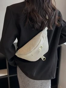 Zip Front Corduroy Waist Bag - Beige - View 8