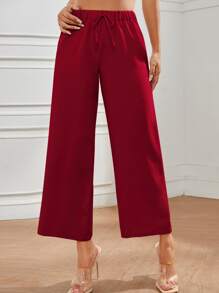 SHEIN PETITE Quần nữ Thắt nút màu trơn Giải trí - Màu Đỏ Sâu - Xem 4